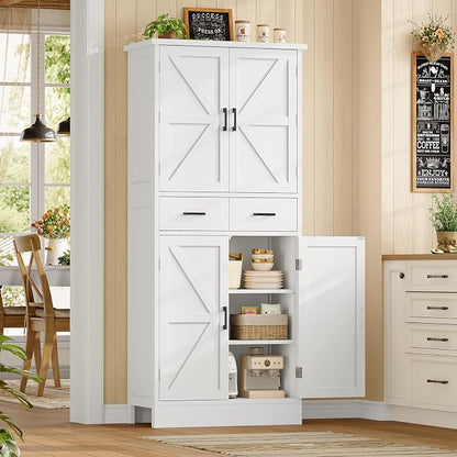 Farmhouse Pantry Cabinet, 66.9″H Tall Kitchen Storage Cabinet with Barn Doors, Adjustable Shelves & Drawer, Freestanding Cupboard for Kitchen, Dining Room, Living Room, Bathroom, White
