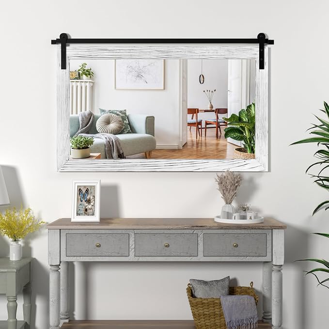 COGOOD Farmhouse Bathroom Mirrors for Over Sink - 26 x 41 White | Rustic Barn Door Wood Framed Vanity Mirror for Entryway, Living Room, Bedroom, Dresser Wall Decor