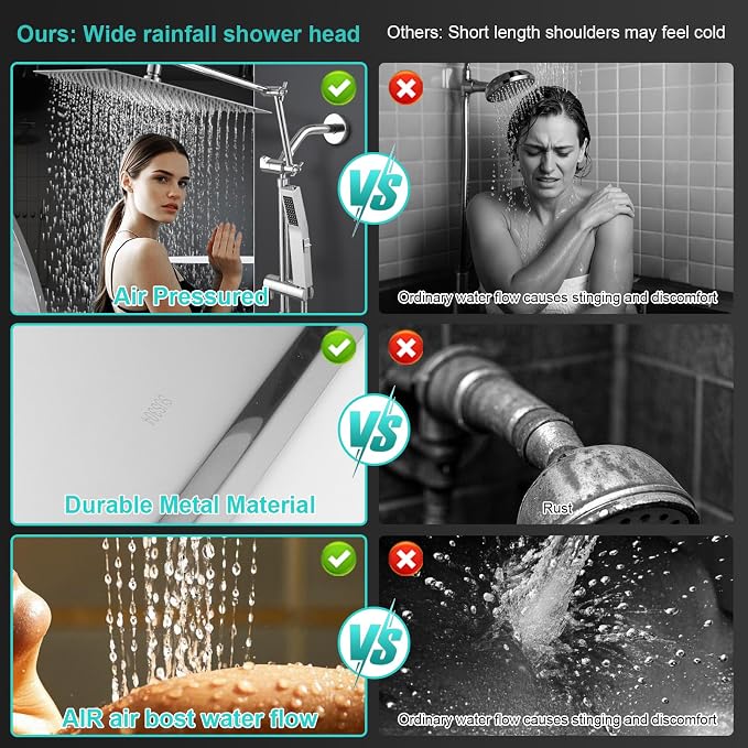 All Metal 10 Inch Rain Shower Head with Handheld Spray Combo, High Pressure Waterfall Rainfall Square Shower Heads with 16" Adjustable Extension Arm, Dual Showerhead with 3-Way Diverter, Chrome