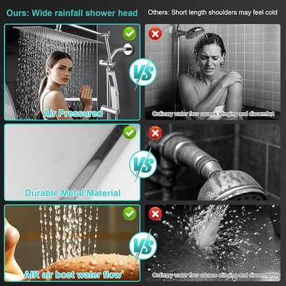 All Metal 10 Inch Rain Shower Head with Handheld Spray Combo, High Pressure Waterfall Rainfall Square Shower Heads with 16" Adjustable Extension Arm, Dual Showerhead with 3-Way Diverter, Chrome
