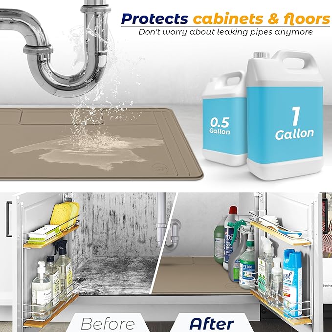 The Original Under Sink Mat - Silicone Waterproof mat, Trimmable, Easy to Clean, Kitchen cabinet liner, Under sink protector mats, Drip Tray with Lip (Brown, 31" x 22")