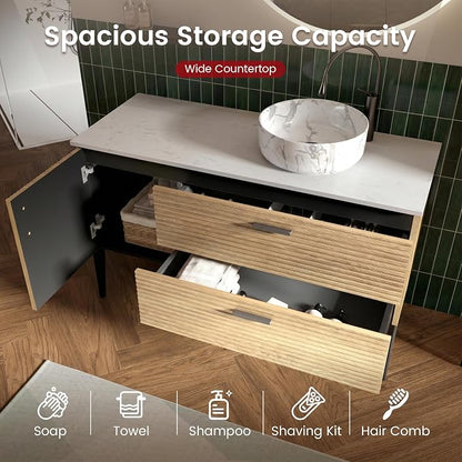 48" Fluted Bathroom Vanity with Vessel Sink, Wall-Mounted, Oak | Modern Bathroom Cabinet with Offset Carrara Sink, 2 Soft-Closing Drawers & 1 Door, Engineered Stone Countertop