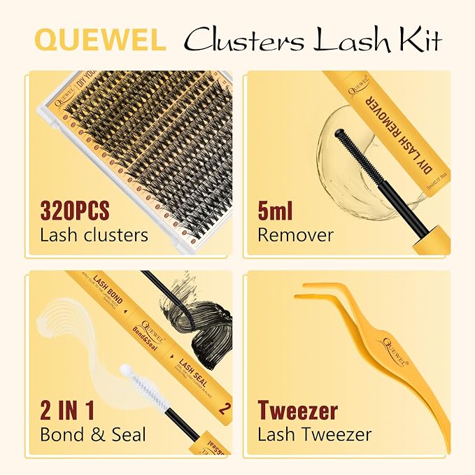 QUEWEL Lash Clusters Kit, 320 Pcs 40D Lash Cluster Eyelash Extensions | 9-16mm Lash Clusters Wispy Kit with Eyelash Clusters Bond and Seal Glue Remover Tweezers (40D Kit)
