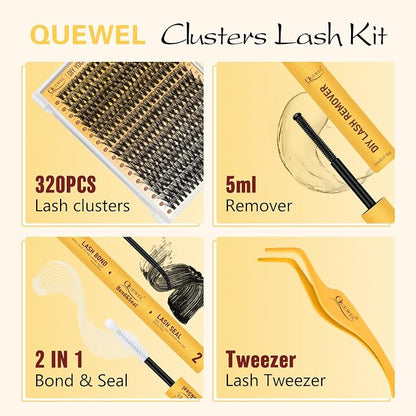QUEWEL Lash Clusters Kit, 320 Pcs 40D Lash Cluster Eyelash Extensions | 9-16mm Lash Clusters Wispy Kit with Eyelash Clusters Bond and Seal Glue Remover Tweezers (40D Kit)