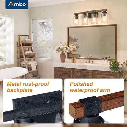 Amico 4-Light Farmhouse Bathroom Vanity Light, Seeded Glass, Black & Wood | Bubble Glass Shade Wall Sconce, Over Mirror Lighting for Bathroom, Bedroom, Living Room, Hallway, Powder Room, Entryway