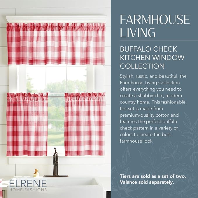 Farmhouse Living Buffalo Check Window Valance, Red/White - 60" W x 15" L