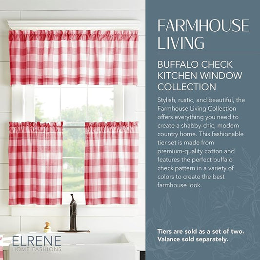 Farmhouse Living Buffalo Check Window Valance, Red/White - 60" W x 15" L