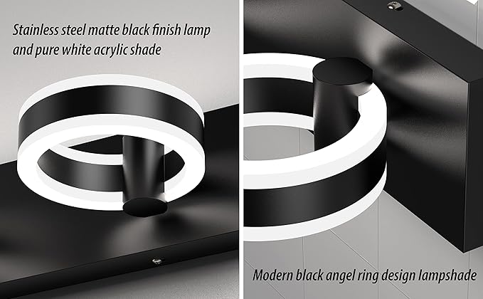 LED Bathroom Light Fixtures,15inch Black Vanity Lights, Modern 2 Light Acrylic Wall Sconces, 350° Rotatable Wall Lighting Fixture Over Mirror
