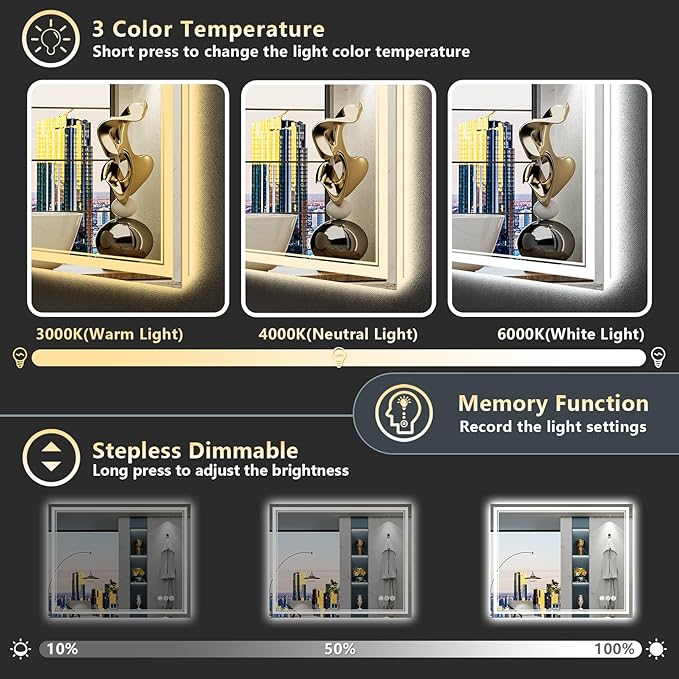 40x24 LED Bathroom Mirror with Lights, Backlit and Front Lit Anti-Fog Lighted Vanity Mirrors for Bathroom Wall, Dimmable, 3-Color Light, Memory, Shatter-Proof, HD Tempered Glass, CRI＞90