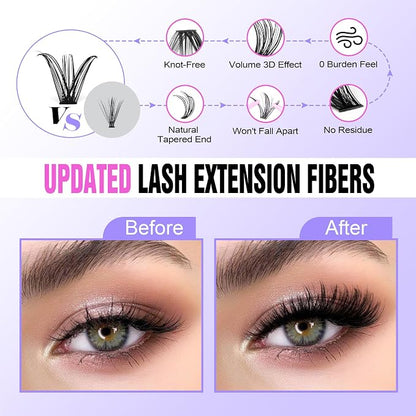 Lash Extension Kit Individual Lash Clusters Kit 40D 50D Eyelash Extension Kit 8-16mm Eyelash Clusters with Lash Bond and Seal, Lash Tweezers for Beginners (40D&50D, 0.07D, 8-16mm, Kit)