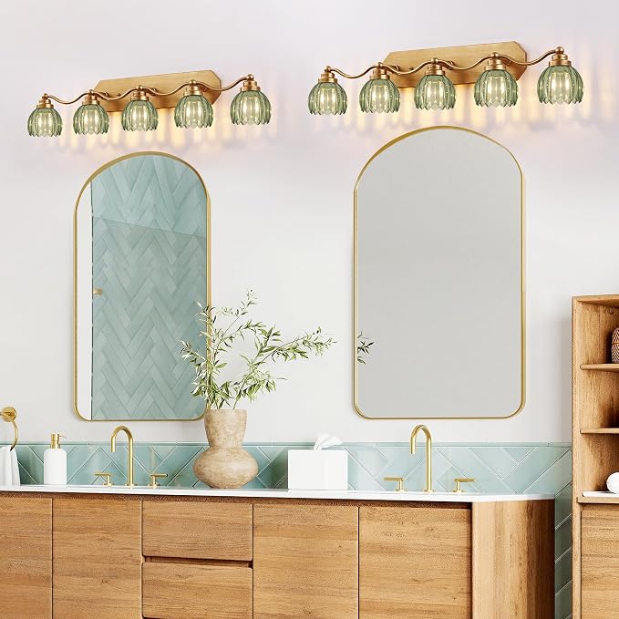 Gold Vanity Light, Vintage Tulip Green Glass Shade, Antique Brass Finish | 5 Light Brushed Gold Bathroom Light Fixtures, Crystal Wall Sconce, Mounted Over Mirror for Bedroom Hallway, Easy to Install