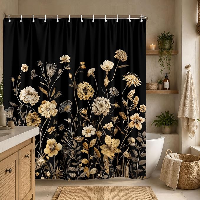 Vintage Boho Black Gold Floral Shower Curtain, Rustic Farmhouse Flower Shower Curtain Set, Cute Botanical Wlidflowers Fabric Shower Curtains Decoration, 72X72 Aesthetic Bathroom Accessories