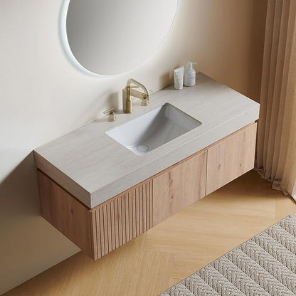 36” Floating Bathroom Vanity with Sink, Wall-Mounted Cabinet with Drawer & Doors, Roma Travertine-Pattern Countertop, Undermount Basin, 3 Faucet Hole, Soft-Close, Pre-Assembled, Light Oak