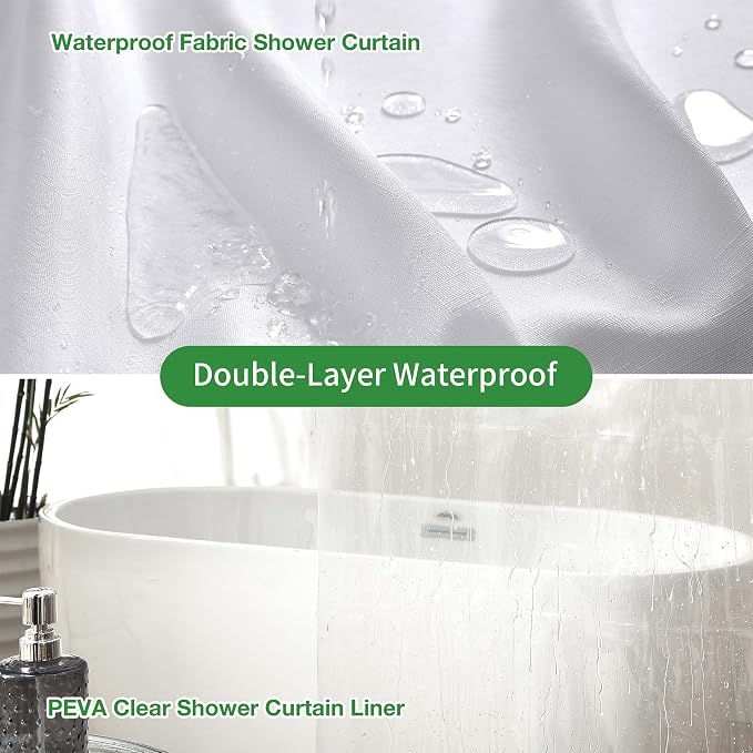 3 in 1 Shower Curtain Set, White Shower Curtain and Liner Set with 12 Double Sided Shower Curtain Hooks, Cloth Shower Curtains for Bathroom,Waterproof, 72" W*72" H