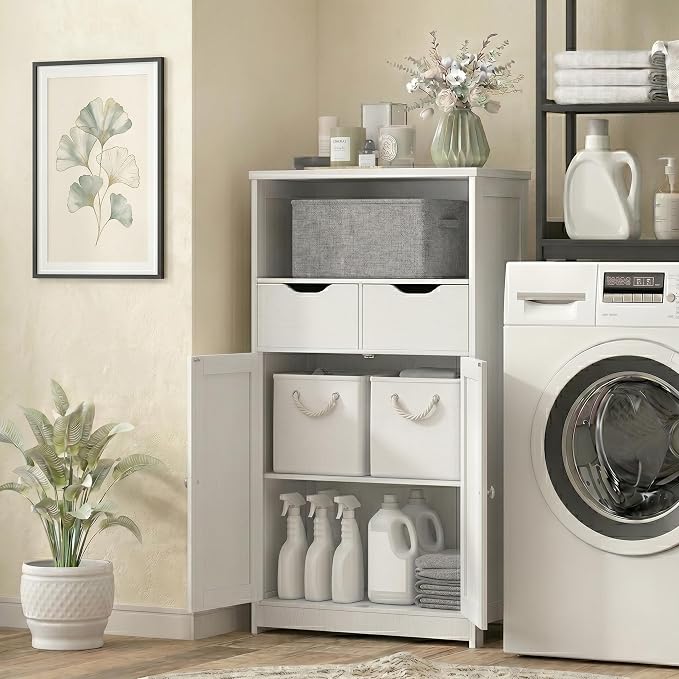 Vongrasig Bathroom Storage Cabinet, 42.5" H Freestanding Floor Cabinet | Wooden Modern Cabinet with 2 Drawers, Open Shelf and Adjustable Shelf for Bathroom, Laundry Room and Entryway, White