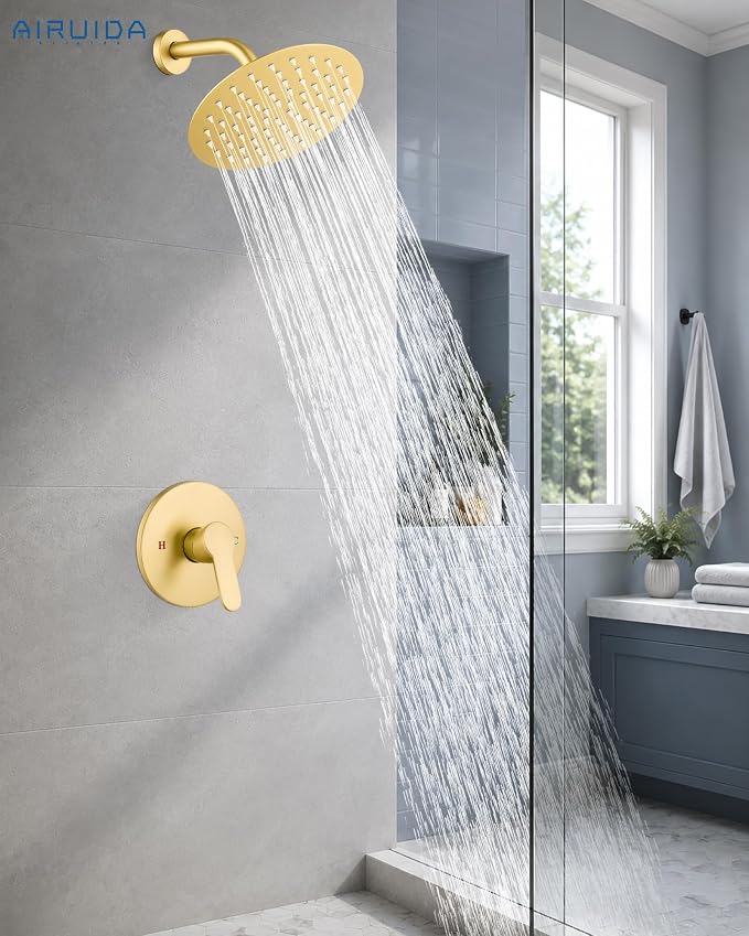 Airuida 8 Inch Brushed Gold Shower Faucet Set,Shower Valve Kit | Female Threads Rough-in Valve Shower Trim Kit,Single Handle Control Shower Set