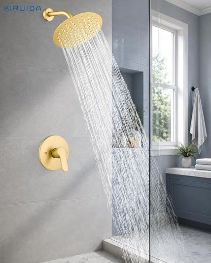 Airuida 8 Inch Brushed Gold Shower Faucet Set,Shower Valve Kit | Female Threads Rough-in Valve Shower Trim Kit,Single Handle Control Shower Set