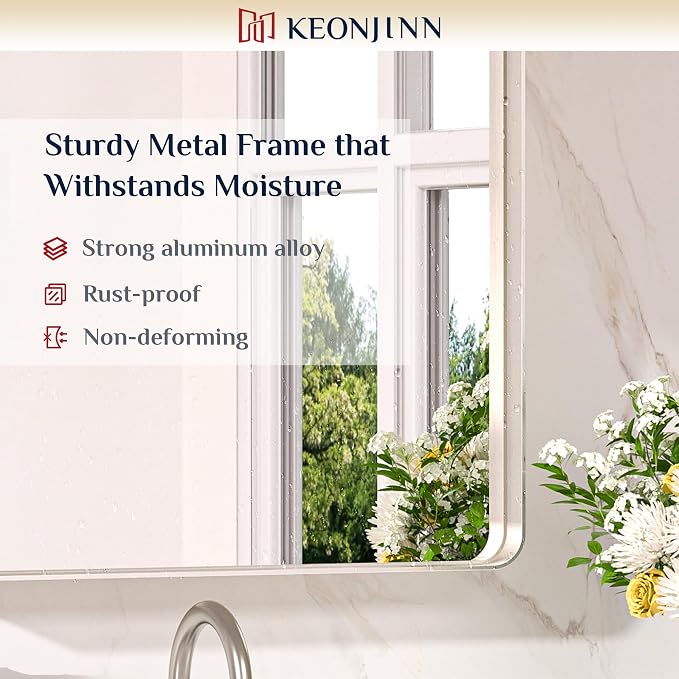Keonjinn 28 x 36 Inch Brushed Nickel Bathroom Mirror, Tempered Glass | Rounded Rectangle Vanity Mirror, Silver Bathroom Mirrors for Over Sink, Rust-Resistant Aluminum Frame, French Cleat Mount