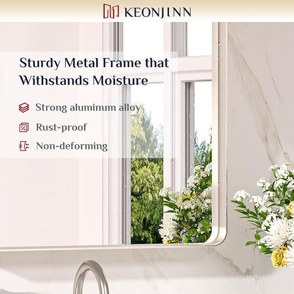 Keonjinn 28 x 36 Inch Brushed Nickel Bathroom Mirror, Tempered Glass | Rounded Rectangle Vanity Mirror, Silver Bathroom Mirrors for Over Sink, Rust-Resistant Aluminum Frame, French Cleat Mount