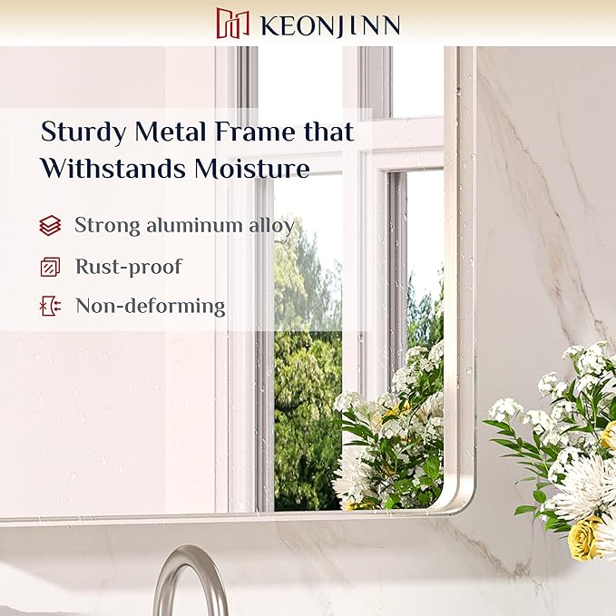 Keonjinn 55 x 36 Inch Brushed Nickel Bathroom Mirror, Tempered Glass | Silver Bathroom Mirrors for Over Sink, Rounded Rectangle Vanity Mirror, Rust-Resistant Aluminum Frame, French Cleat Mount