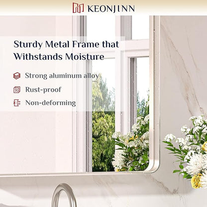 Keonjinn 55 x 36 Inch Brushed Nickel Bathroom Mirror, Tempered Glass | Silver Bathroom Mirrors for Over Sink, Rounded Rectangle Vanity Mirror, Rust-Resistant Aluminum Frame, French Cleat Mount