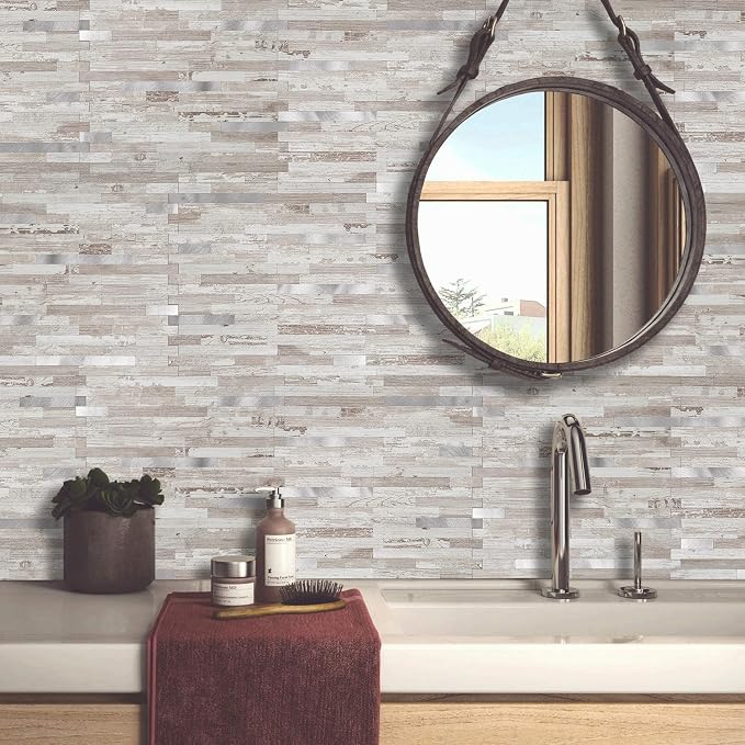 DICOFUN 10-Sheet Peel and Stick Backsplash Tile, Brown Birch PVC Mixed Metal Stick on Backsplash Tiles for Kitchen, 9.4 sq.ft