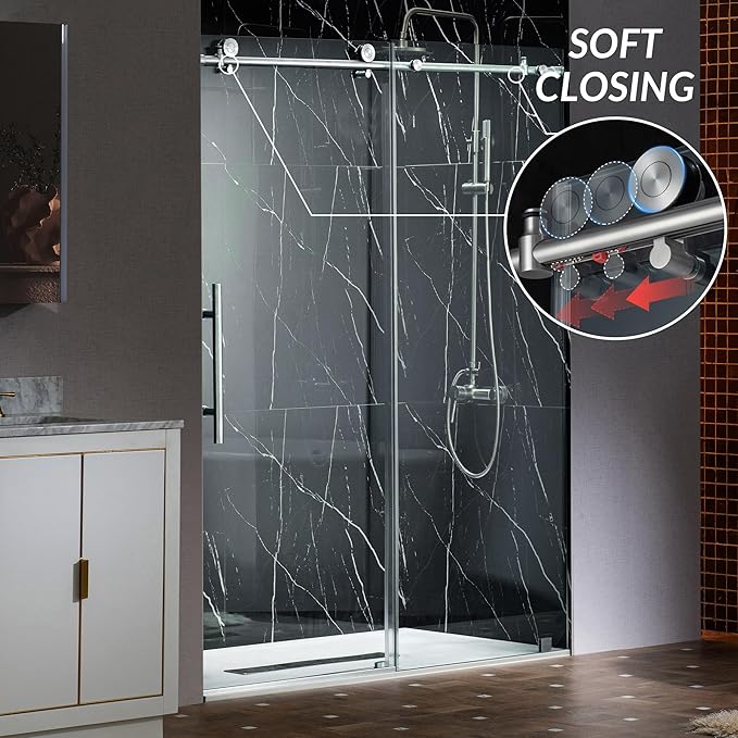 Woodbridge Frameless Single Sliding Shower Doors in Polished Chrome Finish, 45.5-48" Width x 76" Height with 3/8"(10mm) Clear Tempered Glass, Soft Close System and Explosion-Proof Film, BSDC4876-C
