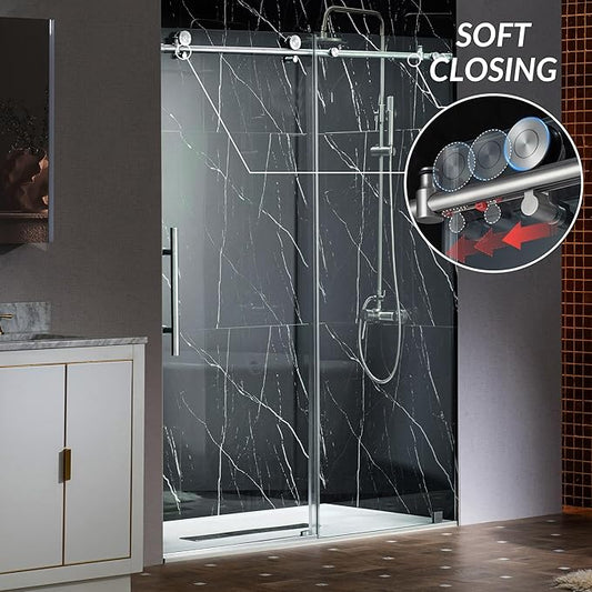 Woodbridge Frameless Sliding Shower Doors with Soft Close System, 57.5-60" Width x 76" Height with 3/8"(10mm) Clear Tempered Glass in Polished Chrome Finish, BSDC6076-C