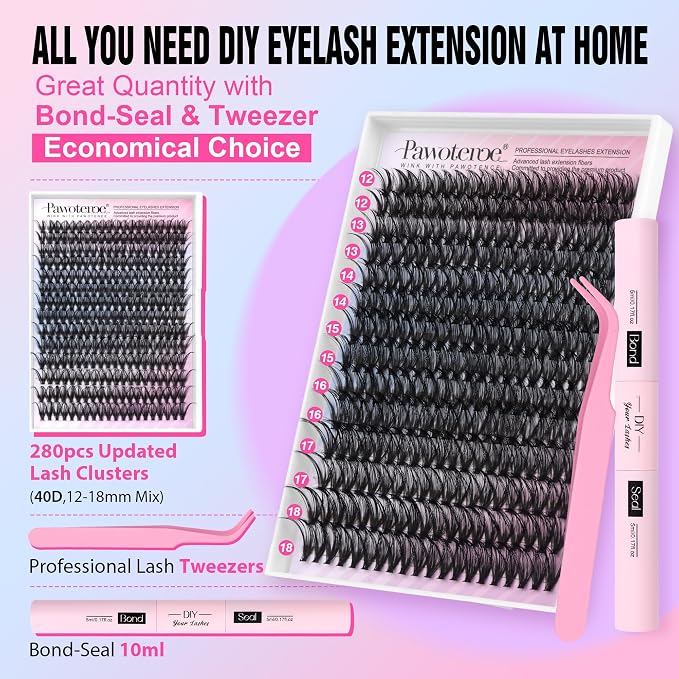 Lash Extension Kit DIY 40D 12-18mm Individual Lashes Clusters Kit 280pcs Cluster Eyelash Extensions Kit with Lash Bond and Seal, Tweezers for Self Application (Long 40D, 12-18mm, Kit)