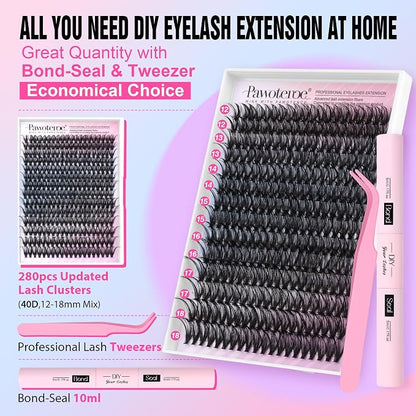 Lash Extension Kit DIY 40D 12-18mm Individual Lashes Clusters Kit 280pcs Cluster Eyelash Extensions Kit with Lash Bond and Seal, Tweezers for Self Application (Long 40D, 12-18mm, Kit)