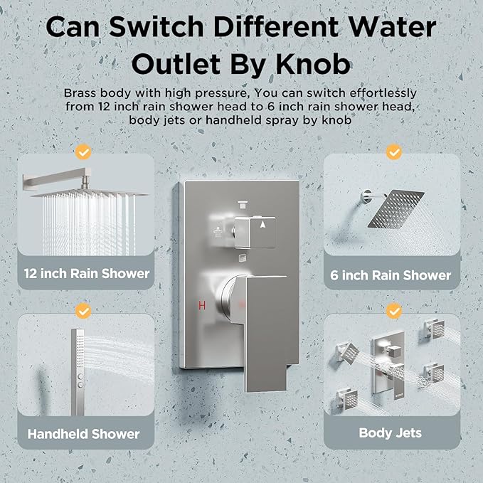 Rainfall Shower System with 4 Body Spray Jets, STARBATH 4 Way 12 + 6"Rainfall Shower Head with Handheld Combo, Shower Jets System High Pressure Shower Faucet Set, Brushed Nickel