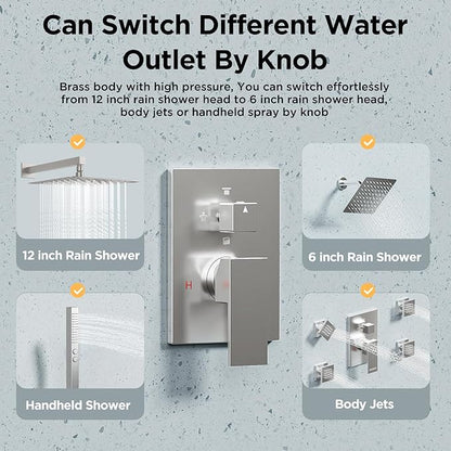 Rainfall Shower System with 4 Body Spray Jets, STARBATH 4 Way 12 + 6"Rainfall Shower Head with Handheld Combo, Shower Jets System High Pressure Shower Faucet Set, Brushed Nickel