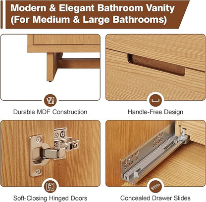 Merax Bathroom Vanity with Sink - 60 Inch Bathroom Vanity Double Sink, Freestanding Cabinet with 4 Doors & 3 Drawers, Space-Saving Storage Cabinet, Handle-Free Design,Nature Wood