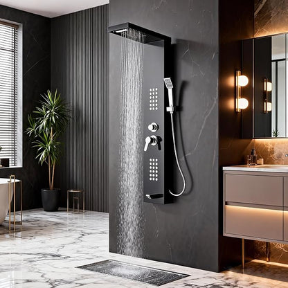 5-in-1 Shower Panel Tower System - Brushed Black | 304 stainless steel Shower Panel Tower Column with Powerful Body Jets, Rainfall, Waterfall,Handheld and Tub Spout
