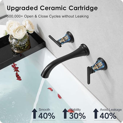 Brass Tub Filler Wall Mount 3 Hole, Farmhouse Black Tub Faucet, High Pressure 2 Handle Matte Black Bathtub Faucet Set with Long Spout Reach, Rough-in Valve