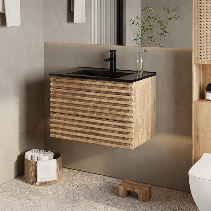eclife 30" Floating Bathroom Vanity with Sink Combo, Mid-Century Wall Mounted Cabinet with Wood Stripes Decor, Drawers, Undermount Single Black Sink, Faucet, Drain, Light Walnut