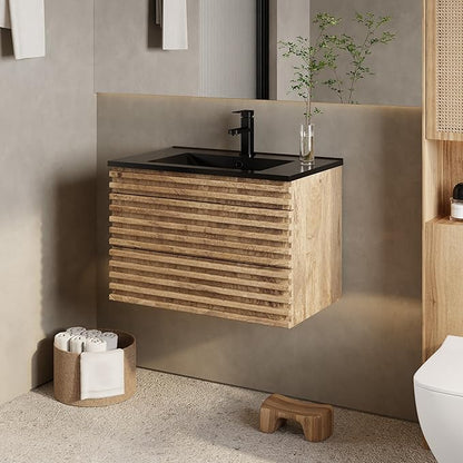 eclife 30" Floating Bathroom Vanity with Sink Combo, Mid-Century Wall Mounted Cabinet with Wood Stripes Decor, Drawers, Undermount Single Black Sink, Faucet, Drain, Light Walnut
