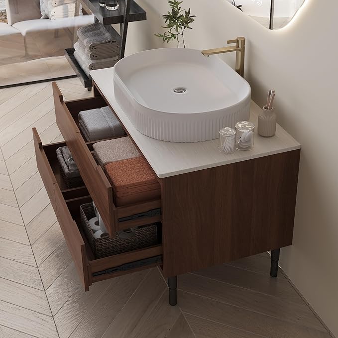 36 inch Bathroom Vanity with Sink and Countertop, Modern Freestanding Bathroom Vanity Cabinet with Oval Ceramic Vessel Sink, 4 Soft Closing Drawers, Adjustable Metal Legs, 2-in-1 Installation, Walnut