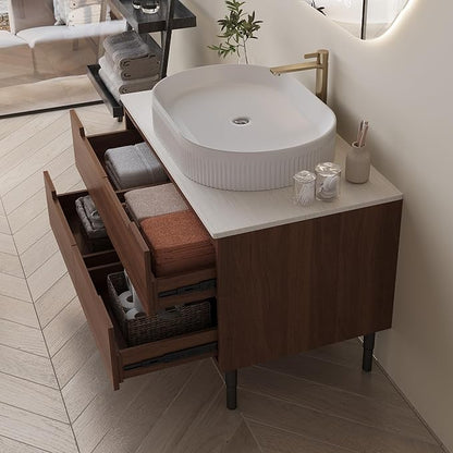 36 inch Bathroom Vanity with Sink and Countertop, Modern Freestanding Bathroom Vanity Cabinet with Oval Ceramic Vessel Sink, 4 Soft Closing Drawers, Adjustable Metal Legs, 2-in-1 Installation, Walnut
