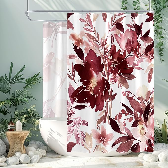 Extra Wide Flower Shower Curtain 108 x 72 for Claw Foot Tub, Burgundy Red | Modern Watercolor Floral 108 inch Long Shower Curtain Set with 18 Pack Plastic C-Hooks