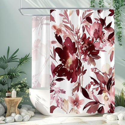Extra Wide Flower Shower Curtain 108 x 72 for Claw Foot Tub, Burgundy Red | Modern Watercolor Floral 108 inch Long Shower Curtain Set with 18 Pack Plastic C-Hooks
