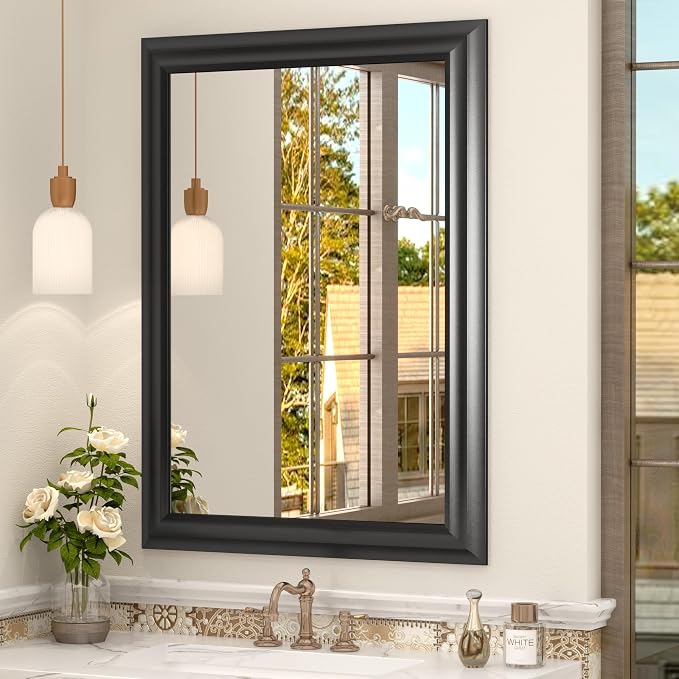 26x36 Inch Black Metal Framed Bathroom Mirror for Wall | Thick Frame Rectangle Vanity Mirror, Matte Black Curved Mirror for Over Sink, Anti-Rust, Shatterproof (Horizontal/Vertical)