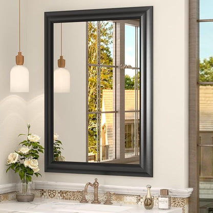 26x36 Inch Black Metal Framed Bathroom Mirror for Wall | Thick Frame Rectangle Vanity Mirror, Matte Black Curved Mirror for Over Sink, Anti-Rust, Shatterproof (Horizontal/Vertical)