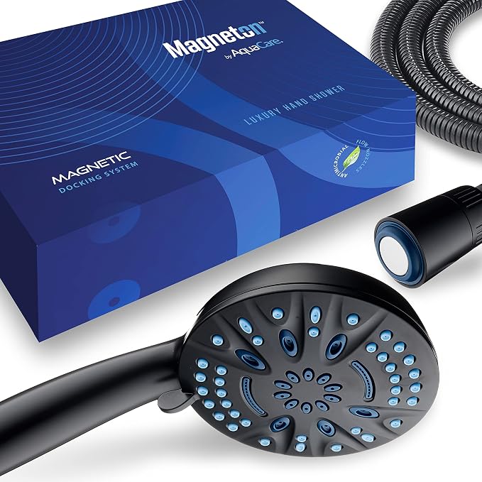 AquaCare Magneton 8-Mode High Pressure Handheld Shower Head with 2 Brackets | Space-age Magnetic Guidance Docking, Giant 5-inch Face with Hygienic Jets, Extra-long 6 ft. Stainless Steel Hose / Black