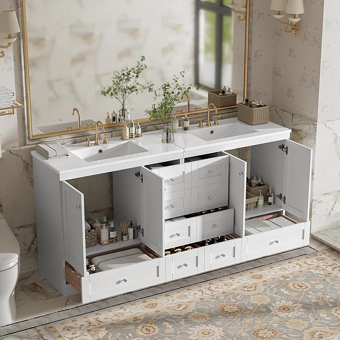 Harper & Bright Designs 72" Bathroom Vanity Set with Double Sink, Vanity Cabinet with 4 Cabinet Doors and 8 Drawers, Modern Design Solid Wood Bathroom Cabinet with Ceramic Basin for Bathroom, White