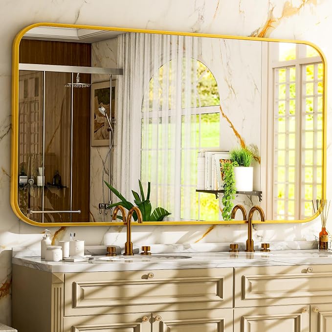 Easly 26 x 38 Inch Bathroom Mirror, Rounded Rectangular Vanity Mirror for Wall, Modern Mirror for Room Decor, Gold Framed Wall-Mounted Mirrors for Home Decor, Hangs Horizontally or Vertically