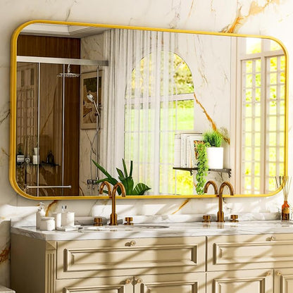 Easly 26 x 38 Inch Bathroom Mirror, Rounded Rectangular Vanity Mirror for Wall, Modern Mirror for Room Decor, Gold Framed Wall-Mounted Mirrors for Home Decor, Hangs Horizontally or Vertically