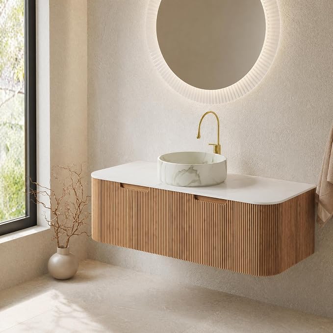 48 Inch Bathroom Vanity with Sink, Floating Wall Mounted Single Sink Vanity, Natural Woodgrain Curved Fluted Front, Stone Top, Marble-Look Round Vessel Basin, Pre-Assembled