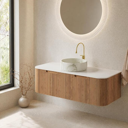 48 Inch Bathroom Vanity with Sink, Floating Wall Mounted Single Sink Vanity, Natural Woodgrain Curved Fluted Front, Stone Top, Marble-Look Round Vessel Basin, Pre-Assembled