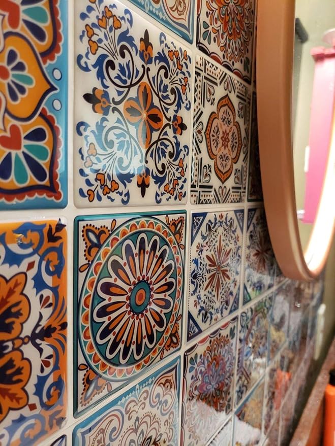 LONGKING Peel and Stick Backsplash Tile Stickers, Colorful Talavera Mexican Tile, Stick on Wall Tiles (10 Sheets) | Peel and stick backsplash, self-adhesive wall tile, Colorful Talavera, waterproof, kitchen bathroom wall, 10-sheet